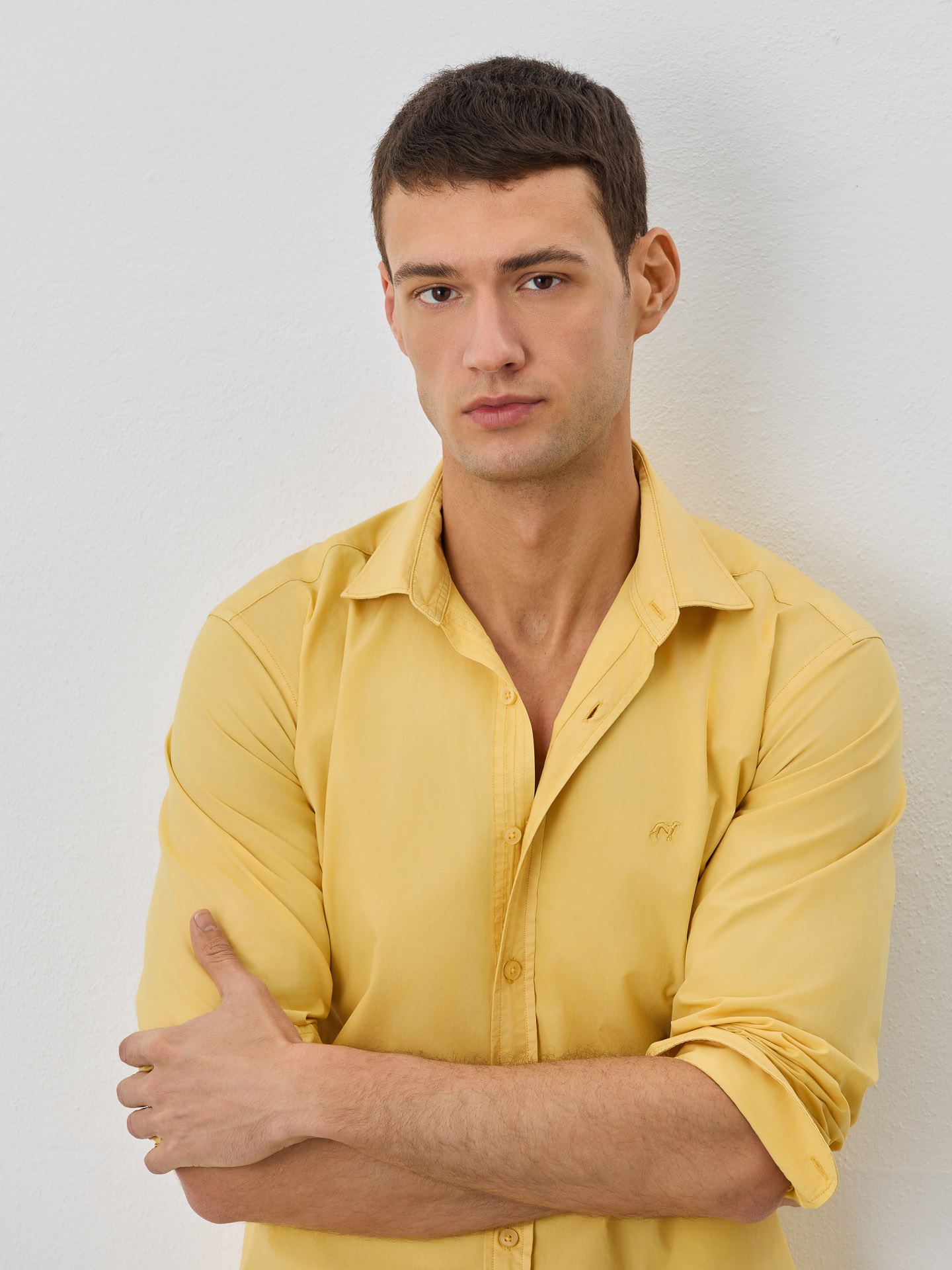 Slim Fit Shirt With Open Collar in Cotton Poplin